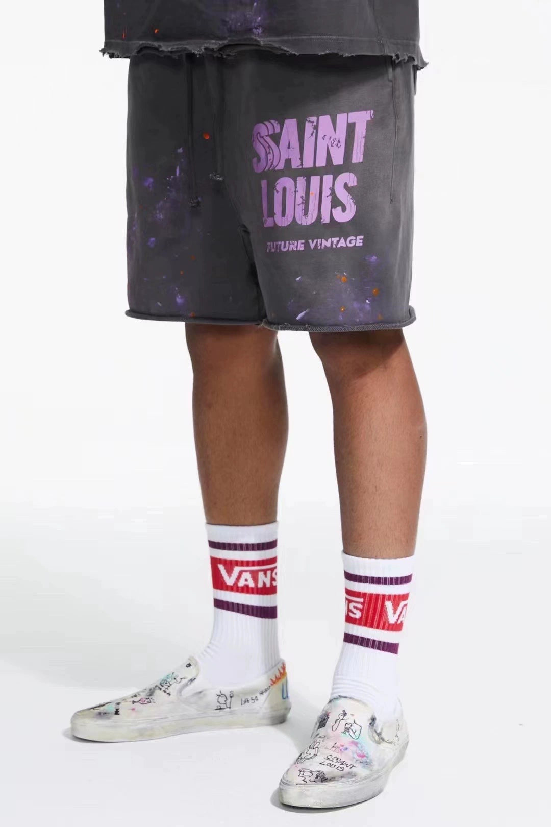 Saint Louis American Style Hand-Made Old Dirty Splash Ink Paint Point Damage Leisure Five Points Shorts Fashion Brand Men and Women