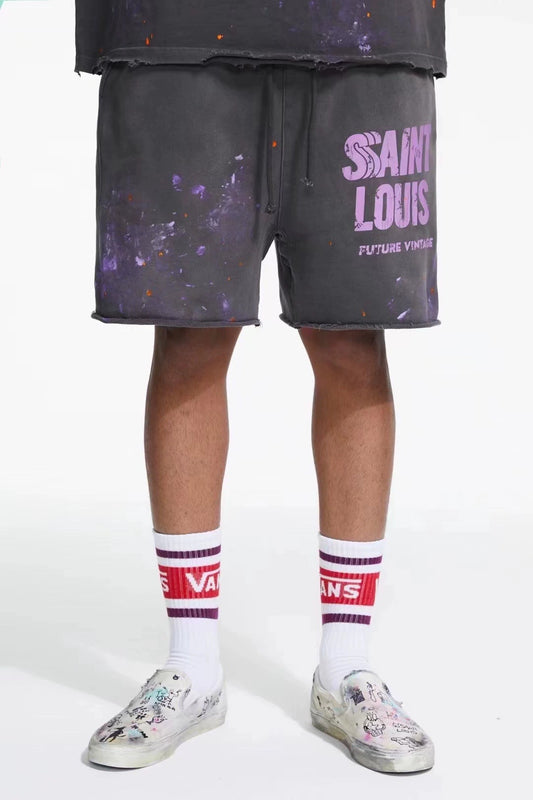 Saint Louis American Style Hand-Made Old Dirty Splash Ink Paint Point Damage Leisure Five Points Shorts Fashion Brand Men and Women